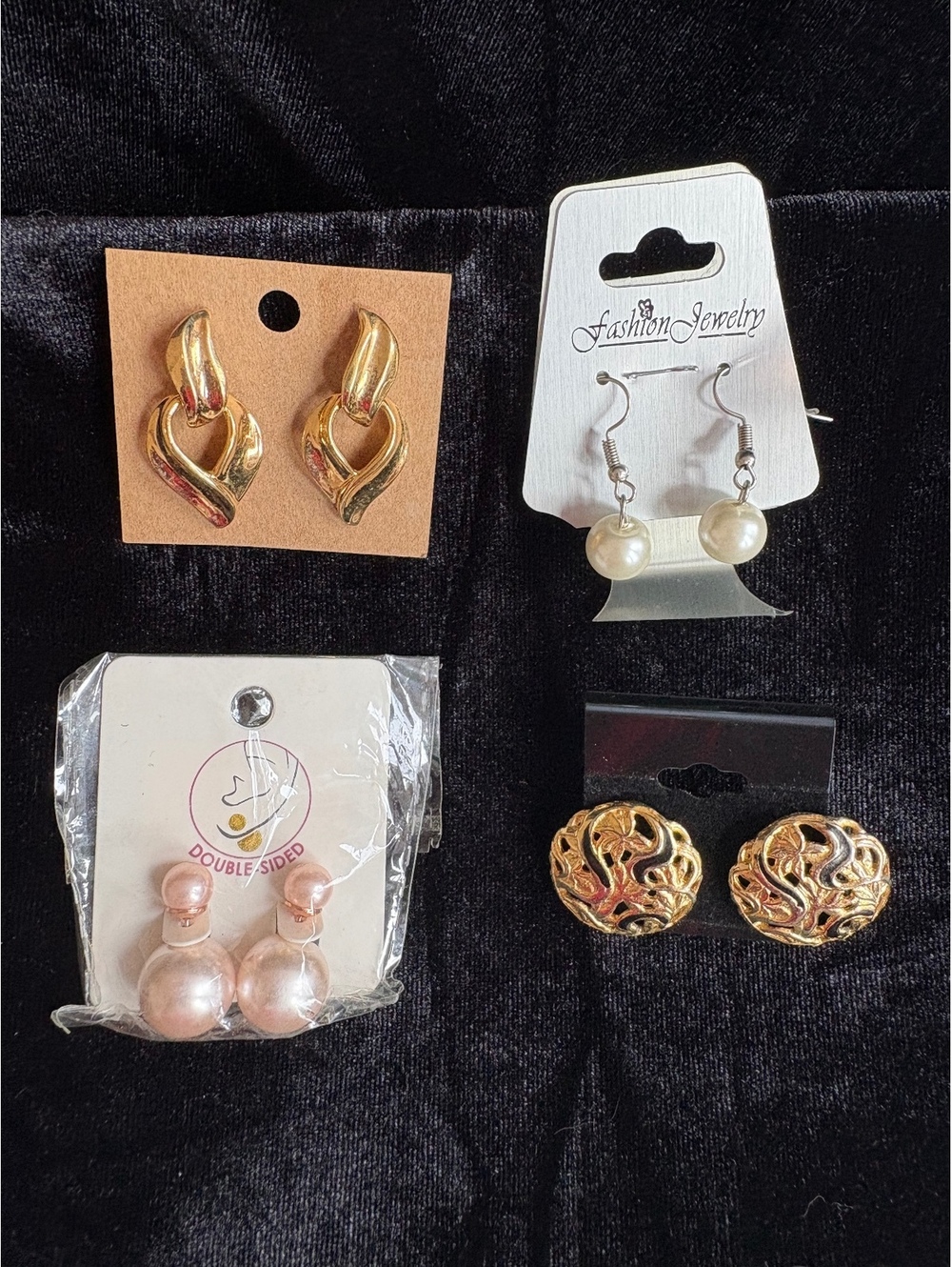 Set of Four Pairs of Women's Fashion Earrings - Gold Tone, Pearl Style, and Orn-
